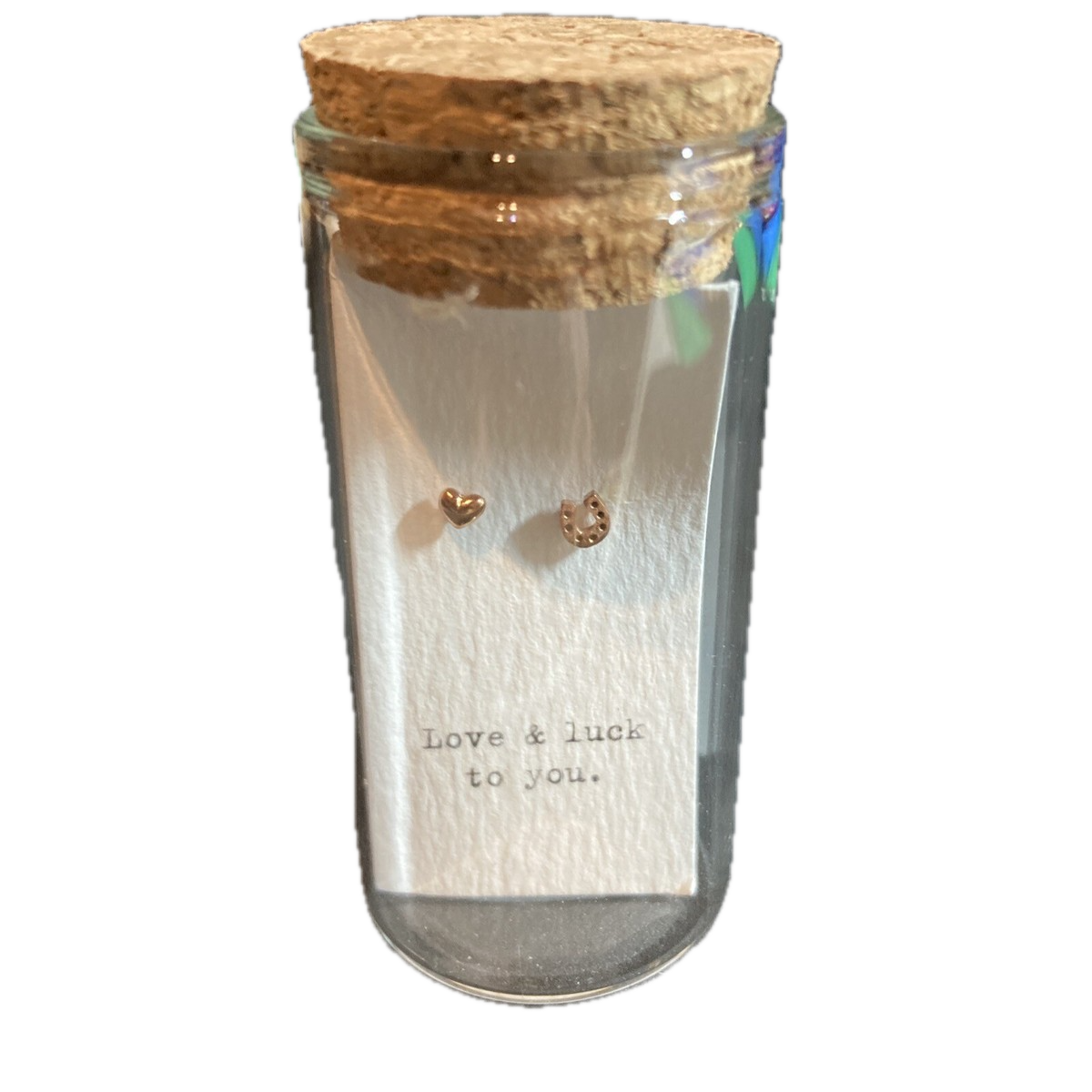 Message in a Bottle Earrings Rose Gold Heart and Horseshoe - "Love & luck to you."