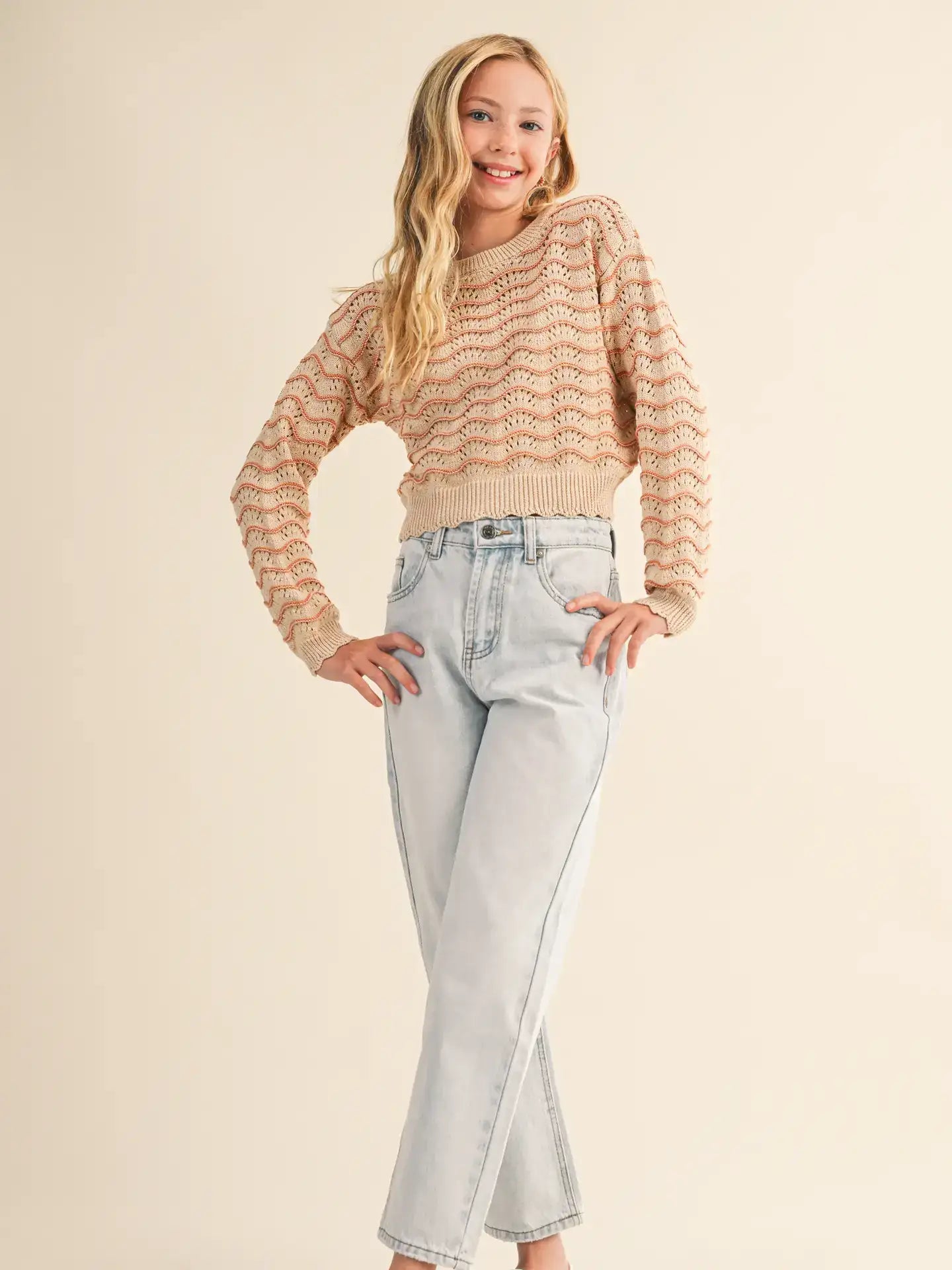 heart and arrow Tween Girls Kids Pull Over Top in Wavy Pointelle