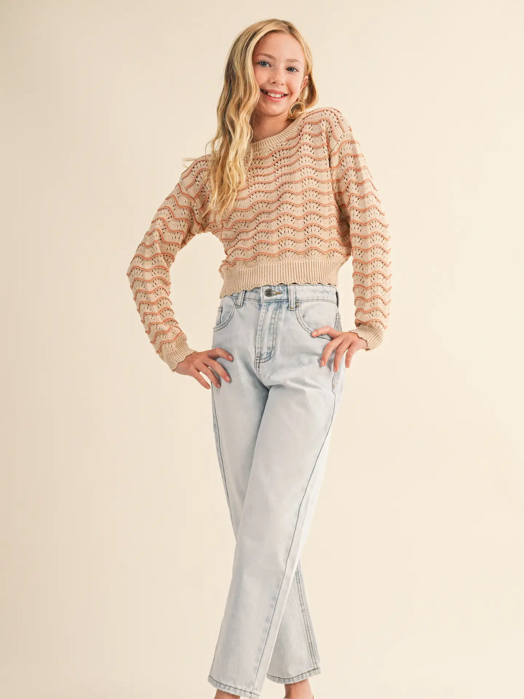 Tween Girls Kids Pull Over Top in Wavy Pointelle