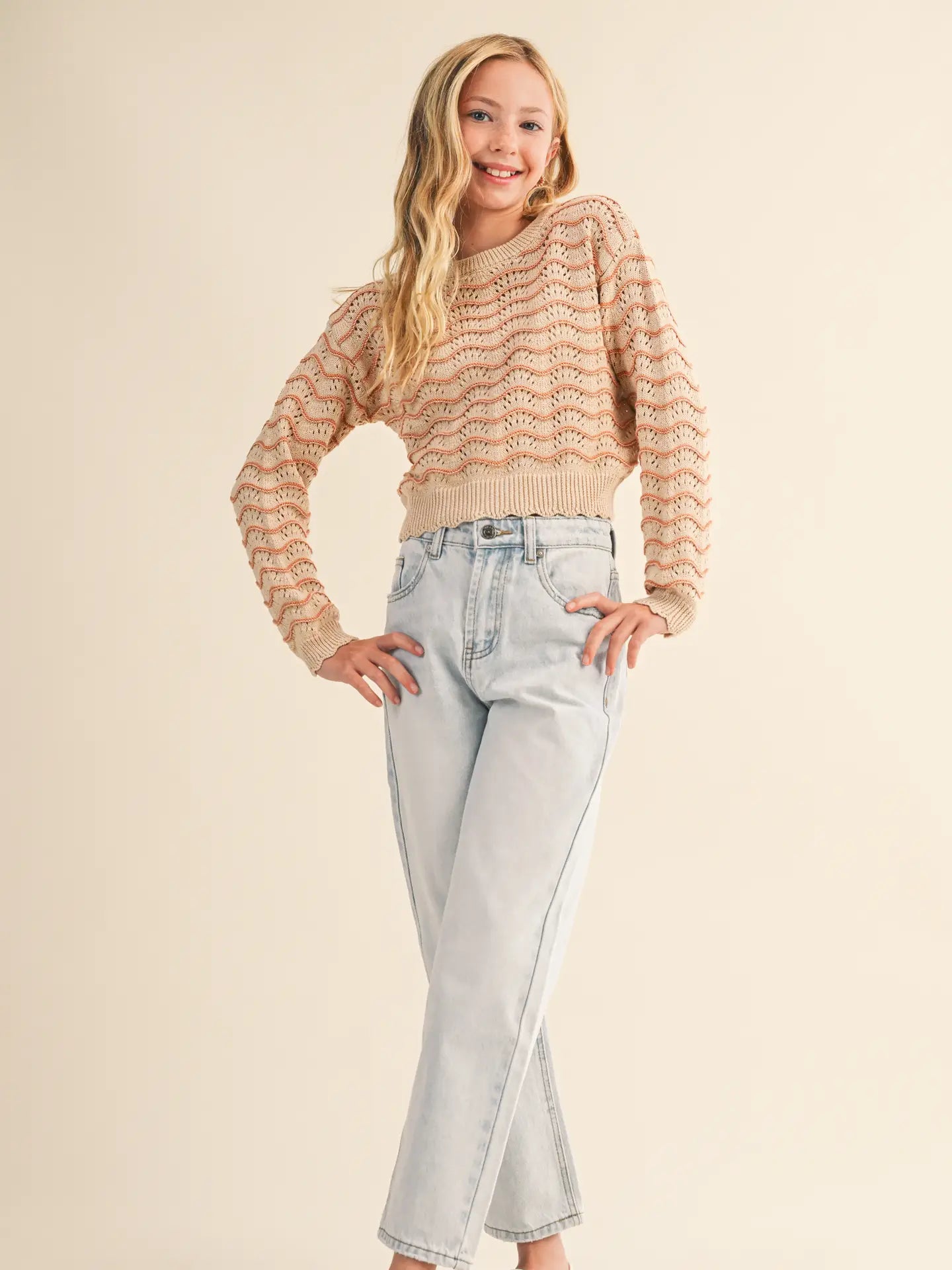 Tween Girls Kids Pull Over Top in Wavy Pointelle