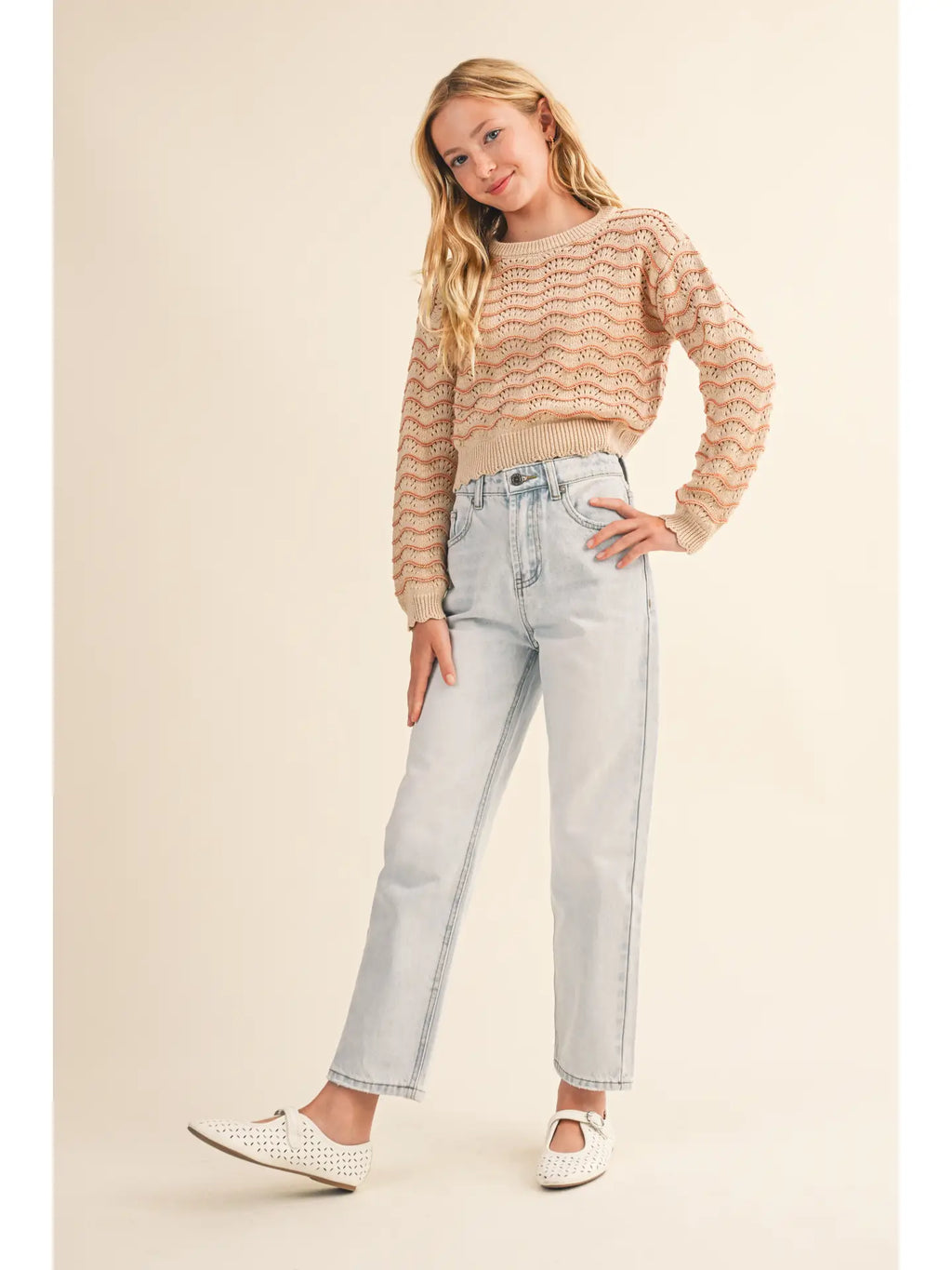 Tween Girls Kids Pull Over Top in Wavy Pointelle