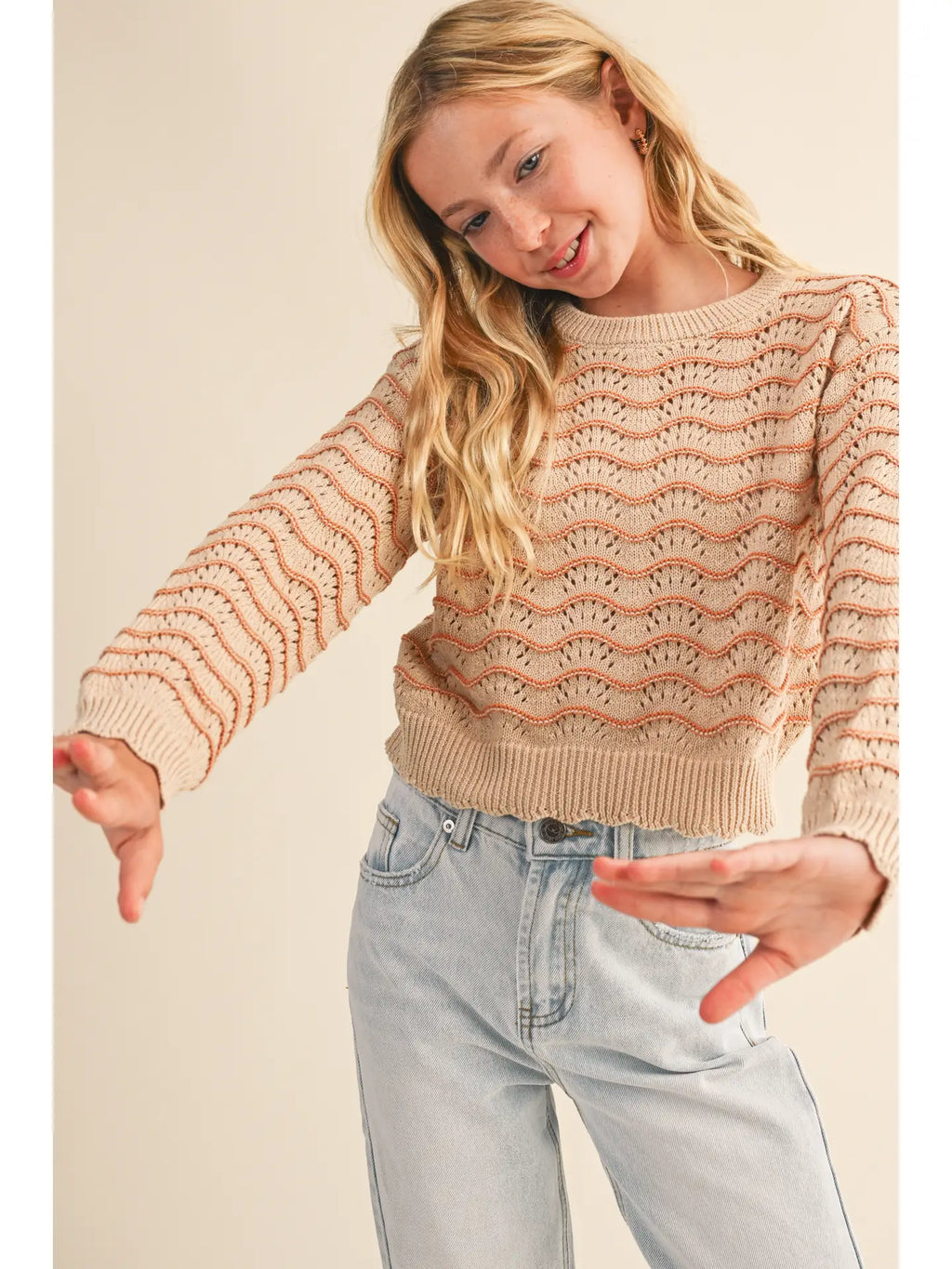 Tween Girls Kids Pull Over Top in Wavy Pointelle