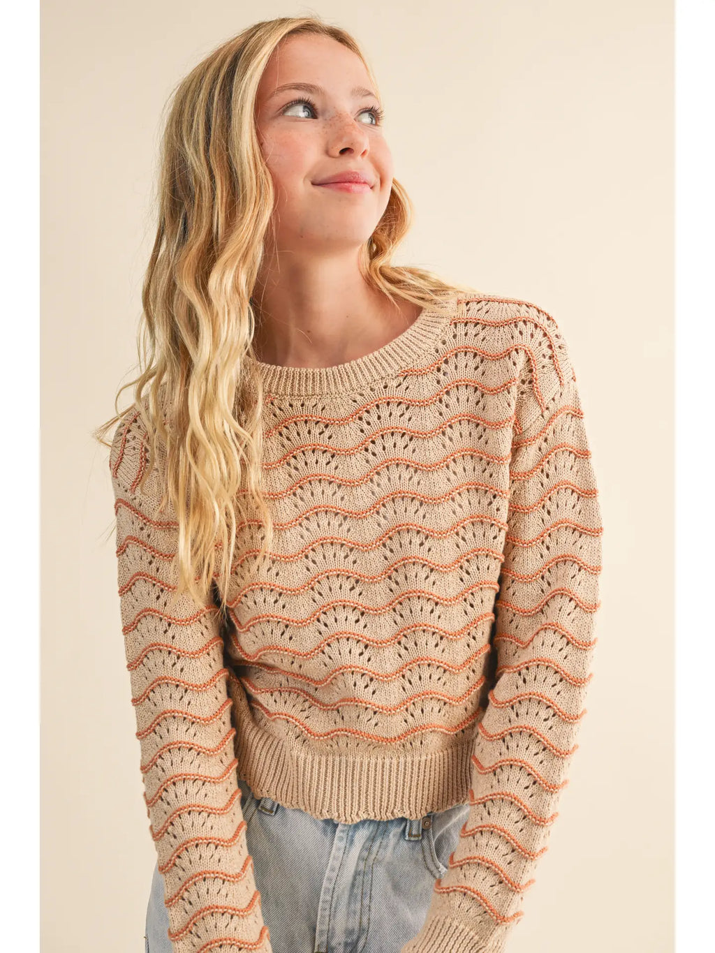 Tween Girls Kids Pull Over Top in Wavy Pointelle