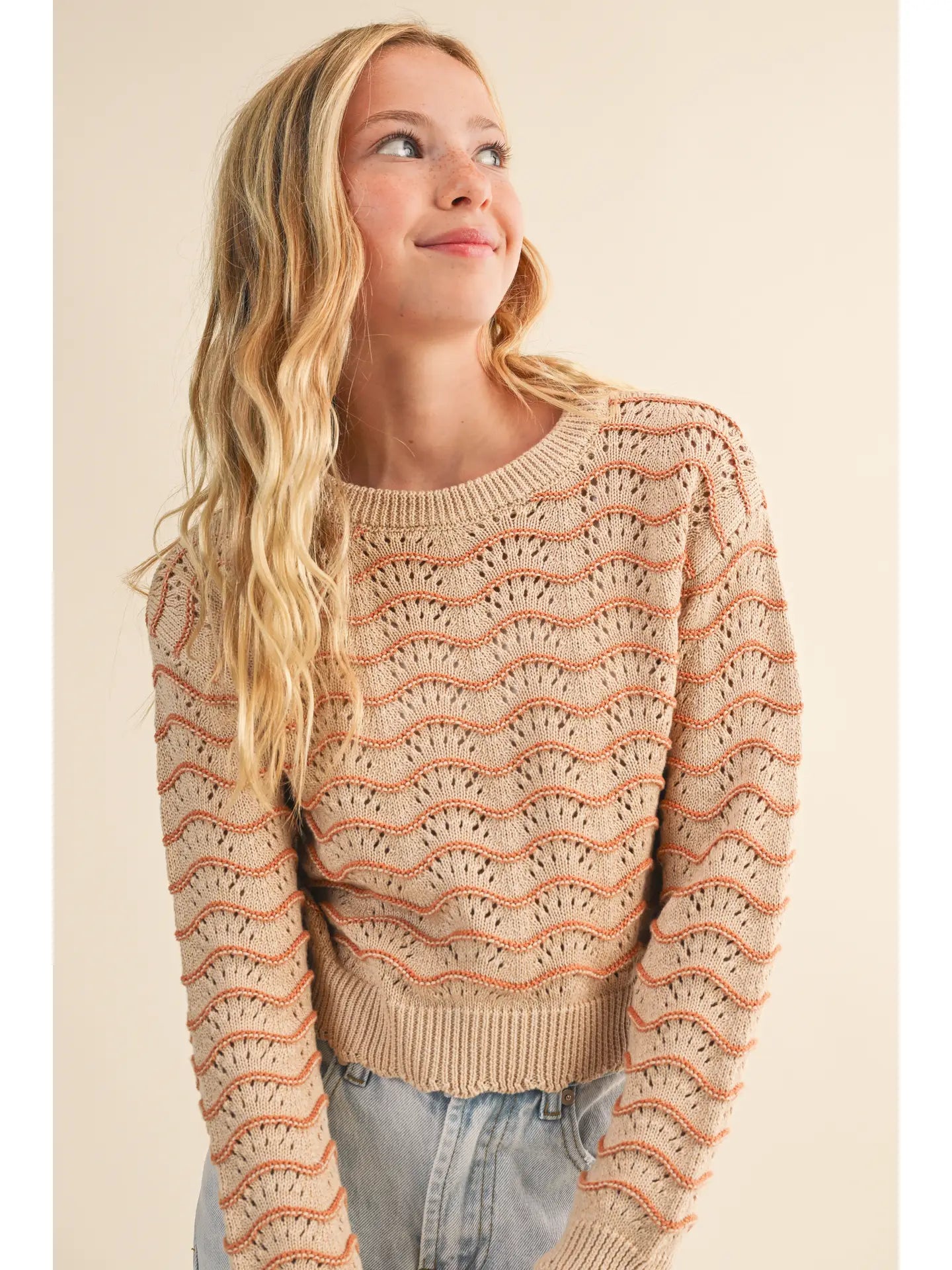 Tween Girls Kids Pull Over Top in Wavy Pointelle