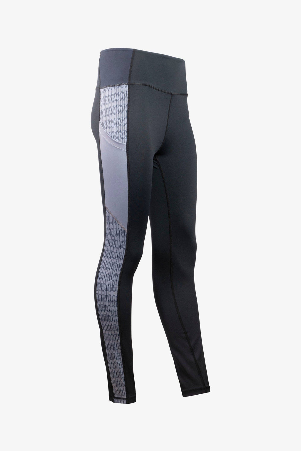 A pair of Trailhead Leggings in black and gray from Belong Designs, featuring a high waistband and vertical striped pattern on the side panels from waistband to ankle. Crafted from smooth and stretchy PrimaFlex material, these leggings are perfect for both athletic and casual wear. They also come with multiple pockets for added convenience.